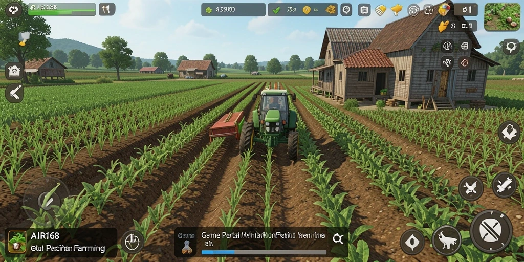 Tampilan gameplay AIR168 dengan ladang yang subur dan hewan ternak.
