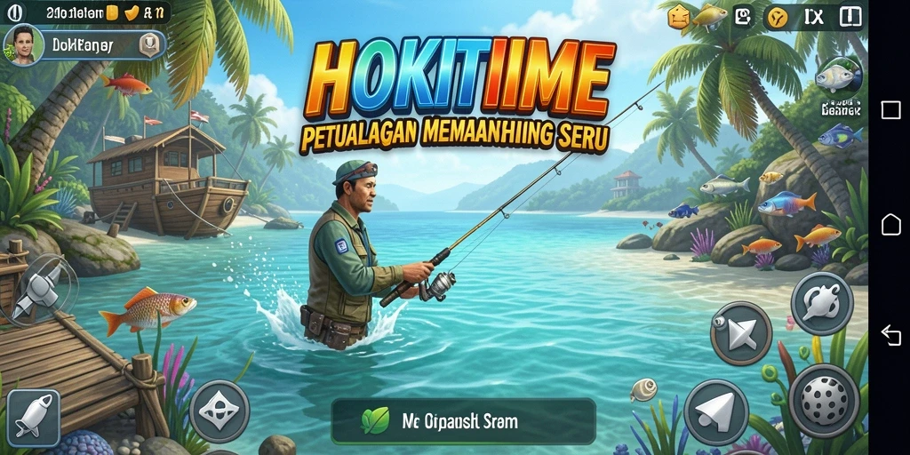 Tampilan gameplay HOKITIME saat menangkap ikan di danau.