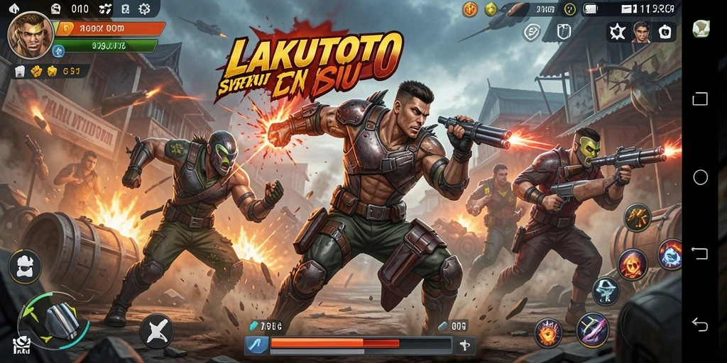 Screenshot utama menunjukkan pertarungan intens dalam gameplay LAKUTOTO.