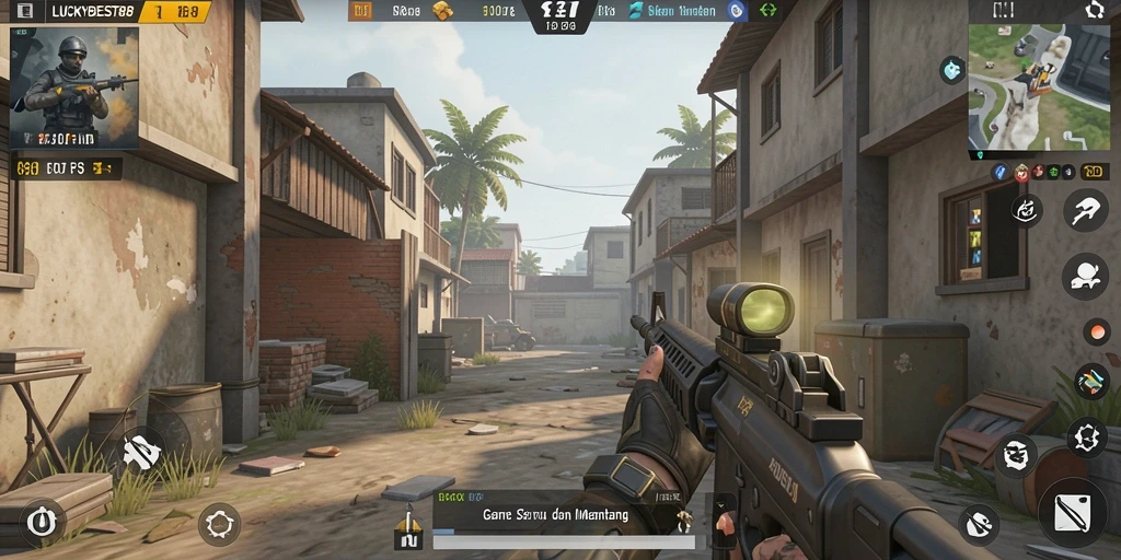 Screenshot LUCKYBEST88 menampilkan aksi menembak yang mendebarkan dalam permainan FPS.
