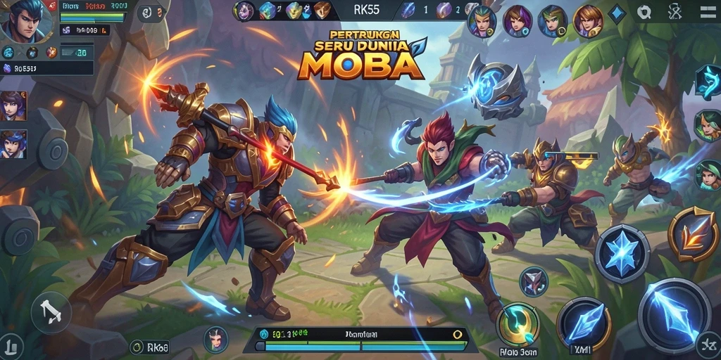 Tampilan gameplay RK55 dengan pertarungan tim yang dinamis.
