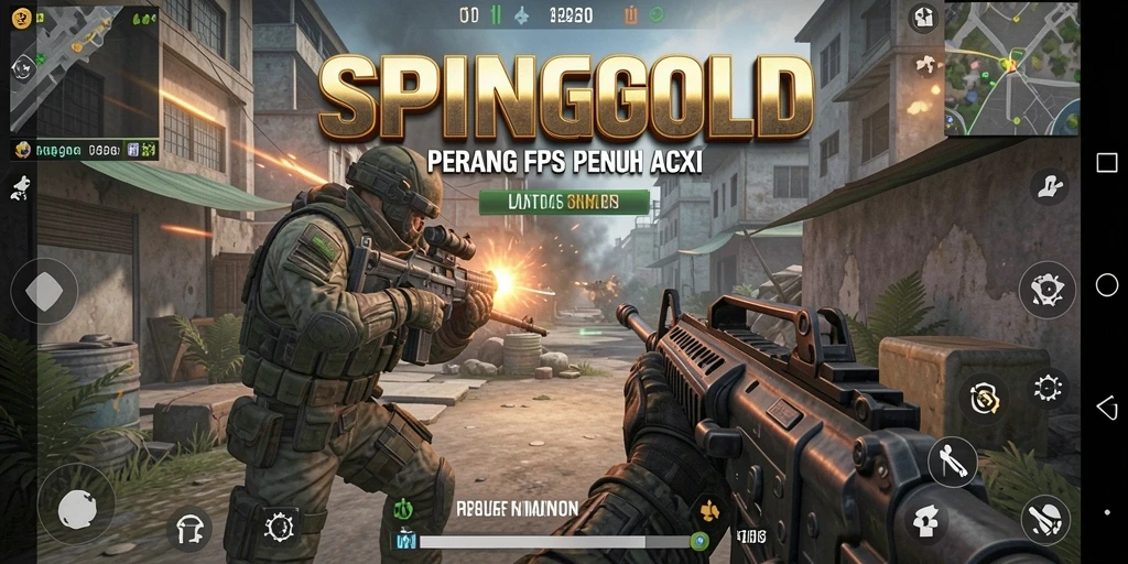 Screenshot utama SPINGOLD menampilkan aksi menembak yang mendebarkan.